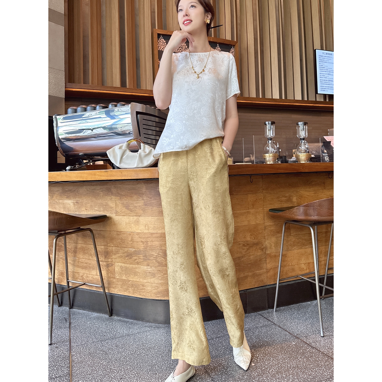 【深圳罗依】原创真丝休闲裤女桑蚕丝扎染提花中式长裤显瘦直筒裤