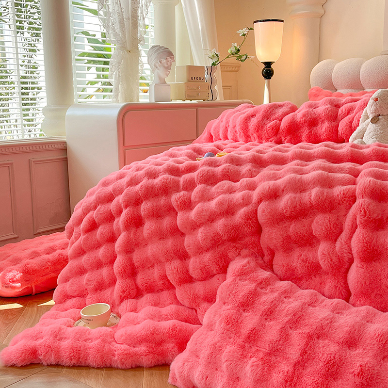 轻奢高级感兔毛绒四件套冬季加厚牛奶绒被套珊瑚绒床单款床上用品