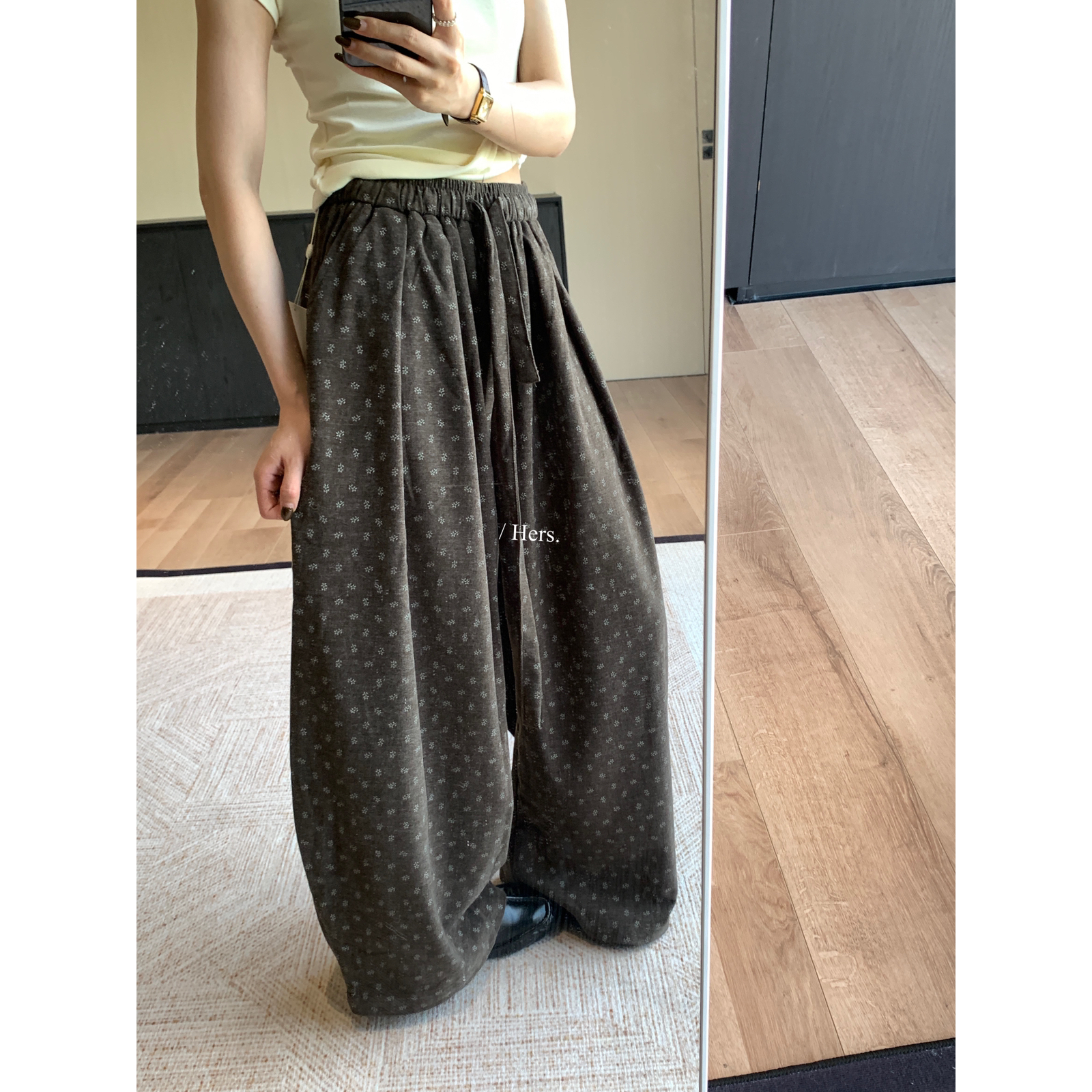 【米兰呢】简约碎花宽松长款气球裤休闲裤高腰百搭直筒阔腿裤女