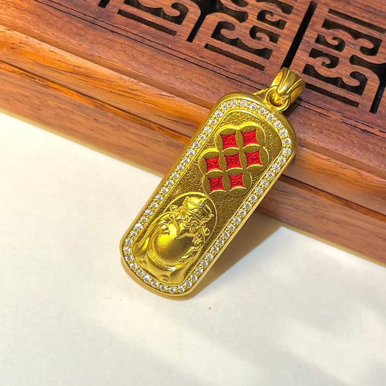 黄金999足金镶嵌财神金砖吊坠金条挂坠