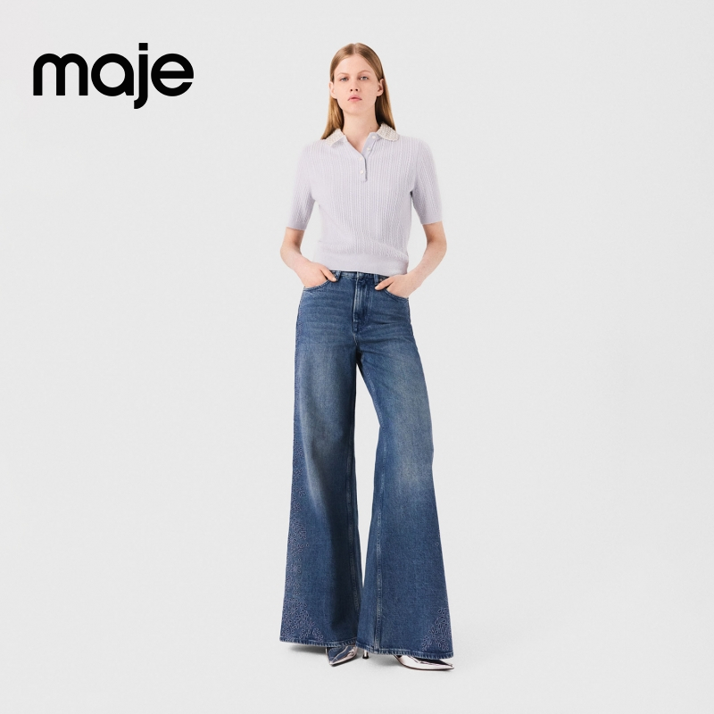 Maje2025早秋新款女装时尚气质蓝色短款短袖针织上衣MFPPU00997