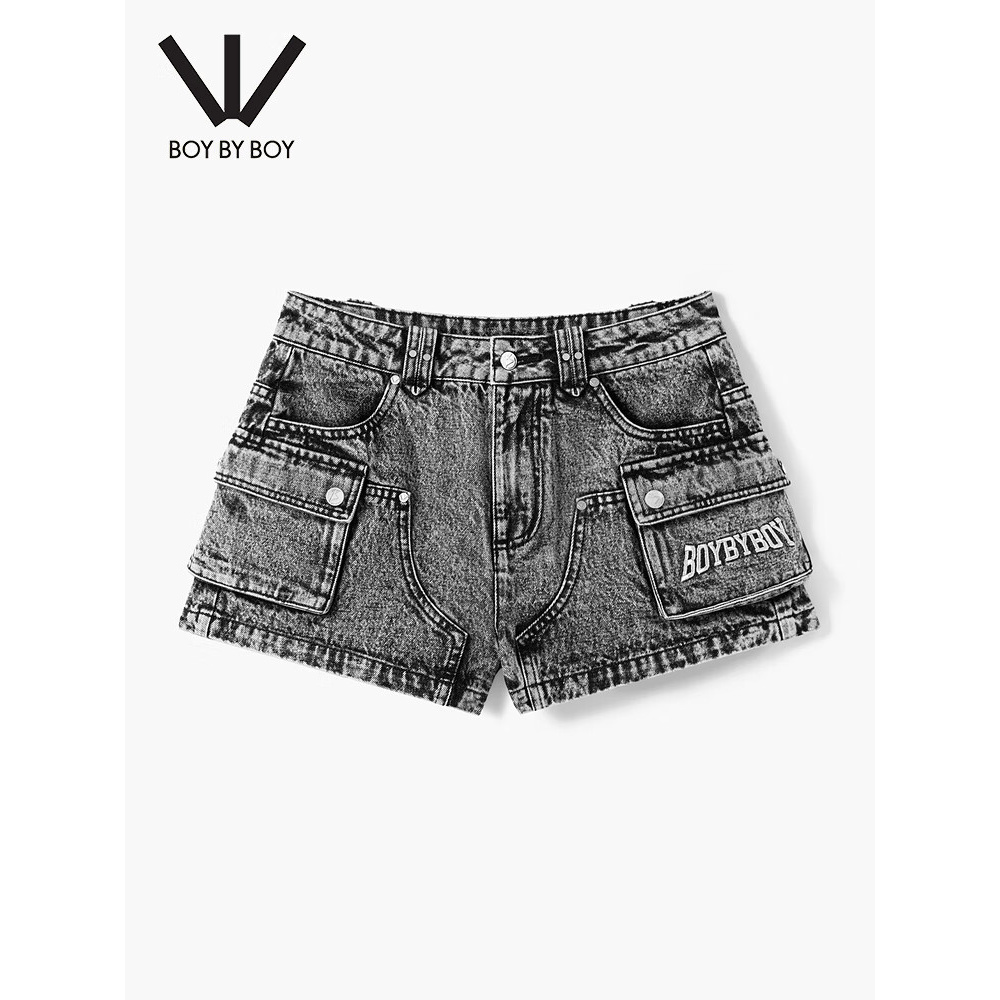 BOY BY BOY潮牌25新款碳灰水洗高腰舒适牛仔短裤卡码拍大W53003