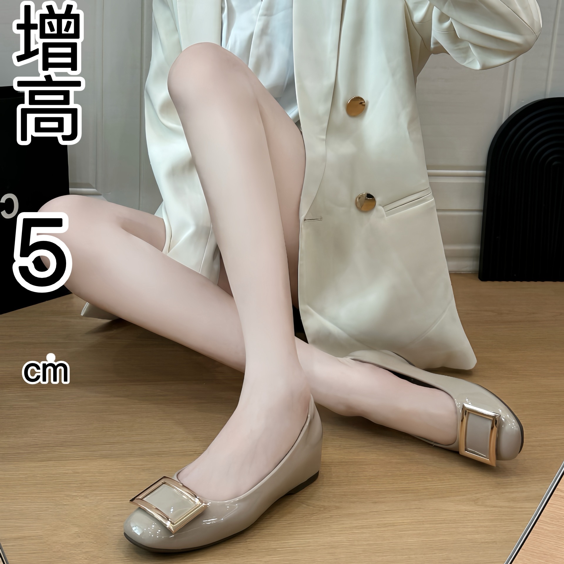 羊皮内里~5cm内增高大象灰漆皮经典方扣气质轻职风百搭浅口单鞋女