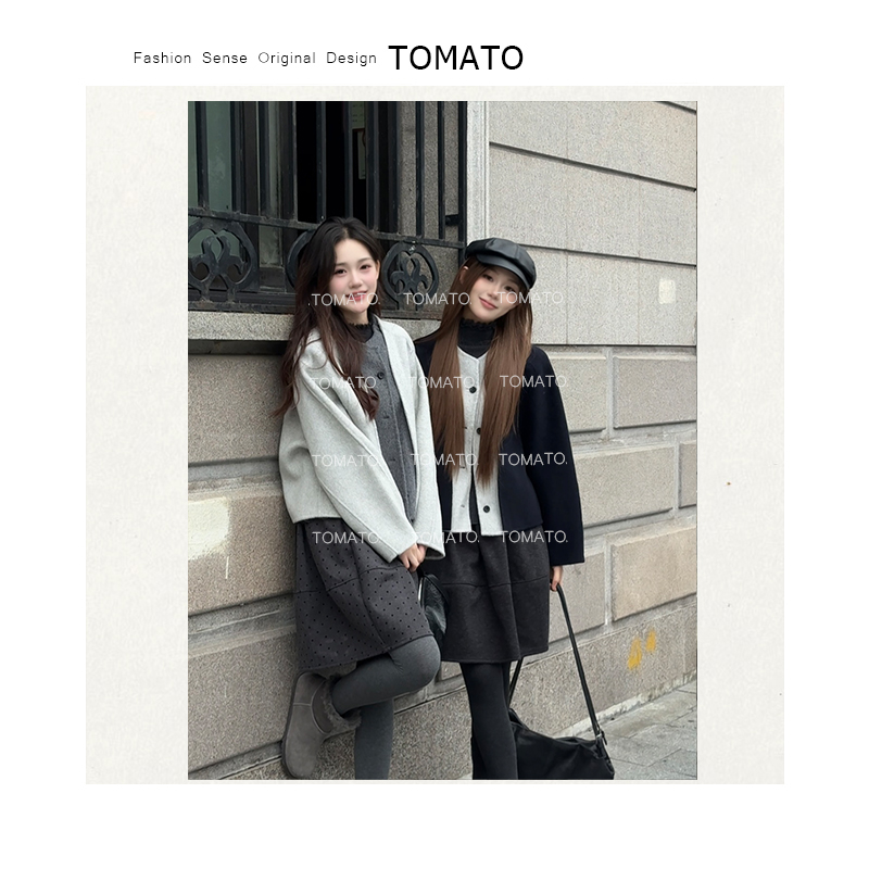 【TomoTo】柔水 韩系新款高货双面毛呢羊毛蚕丝假两件D25WT11131