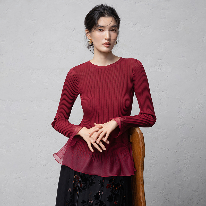 生活在左荷叶边网纱毛织上衣喇叭袖优雅修身显瘦2026早春新款毛衣