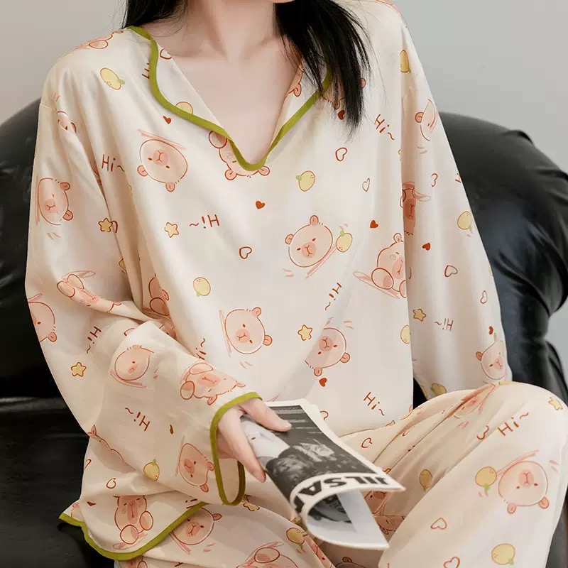 棉绸睡衣女长袖带胸垫宽松秋季ins网红风可爱家居服日系棉绸套装