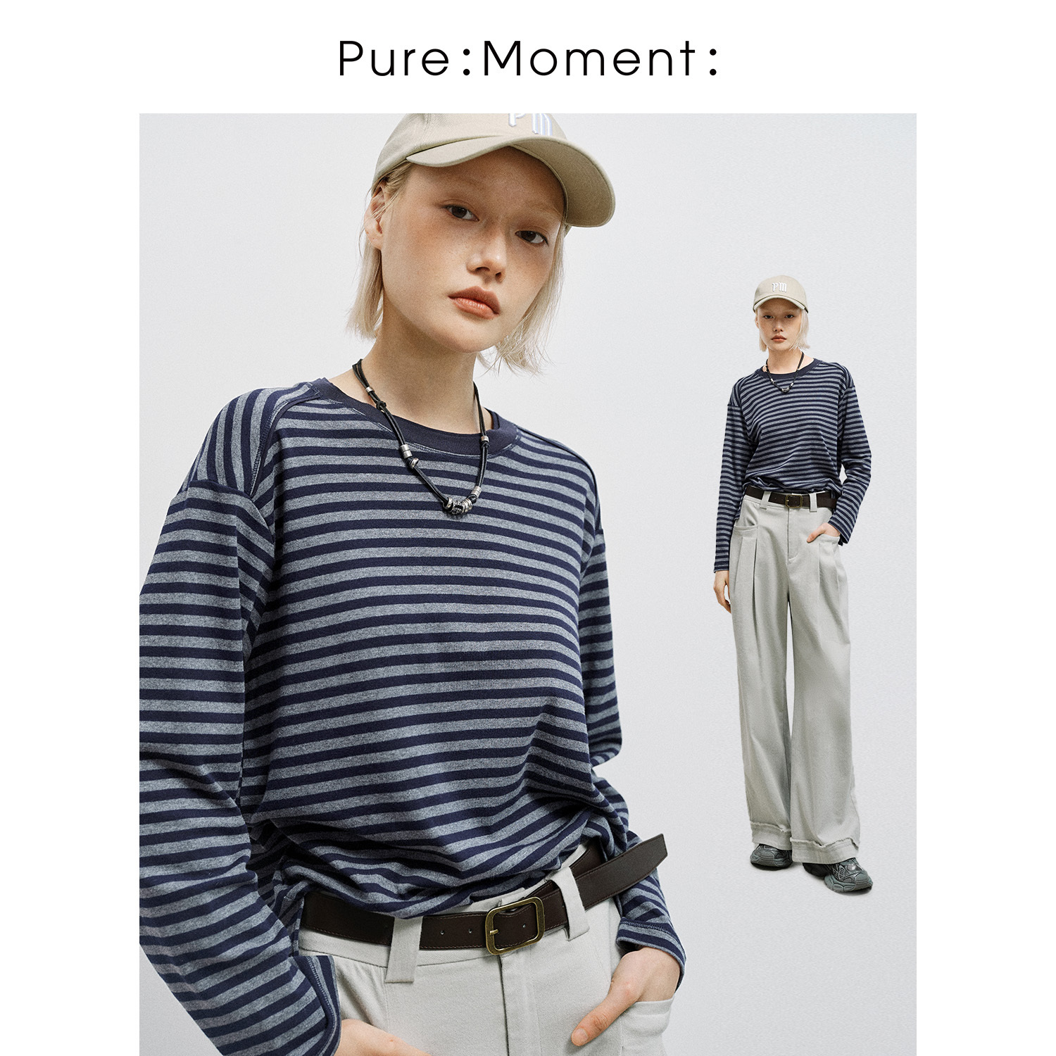 小麦檬Pure:Moment:宽松条纹百搭打底长袖藏青T恤4G1201041X