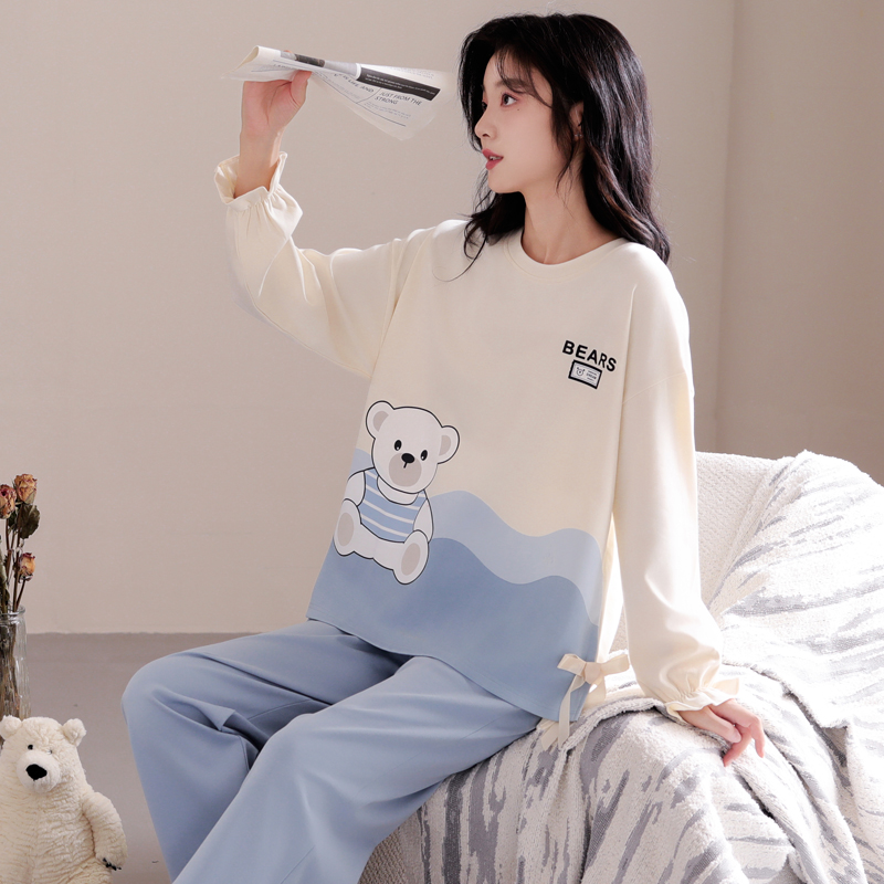 100%纯棉睡衣女秋冬季长袖青少年可爱卡通甜美家居服全棉休闲套装