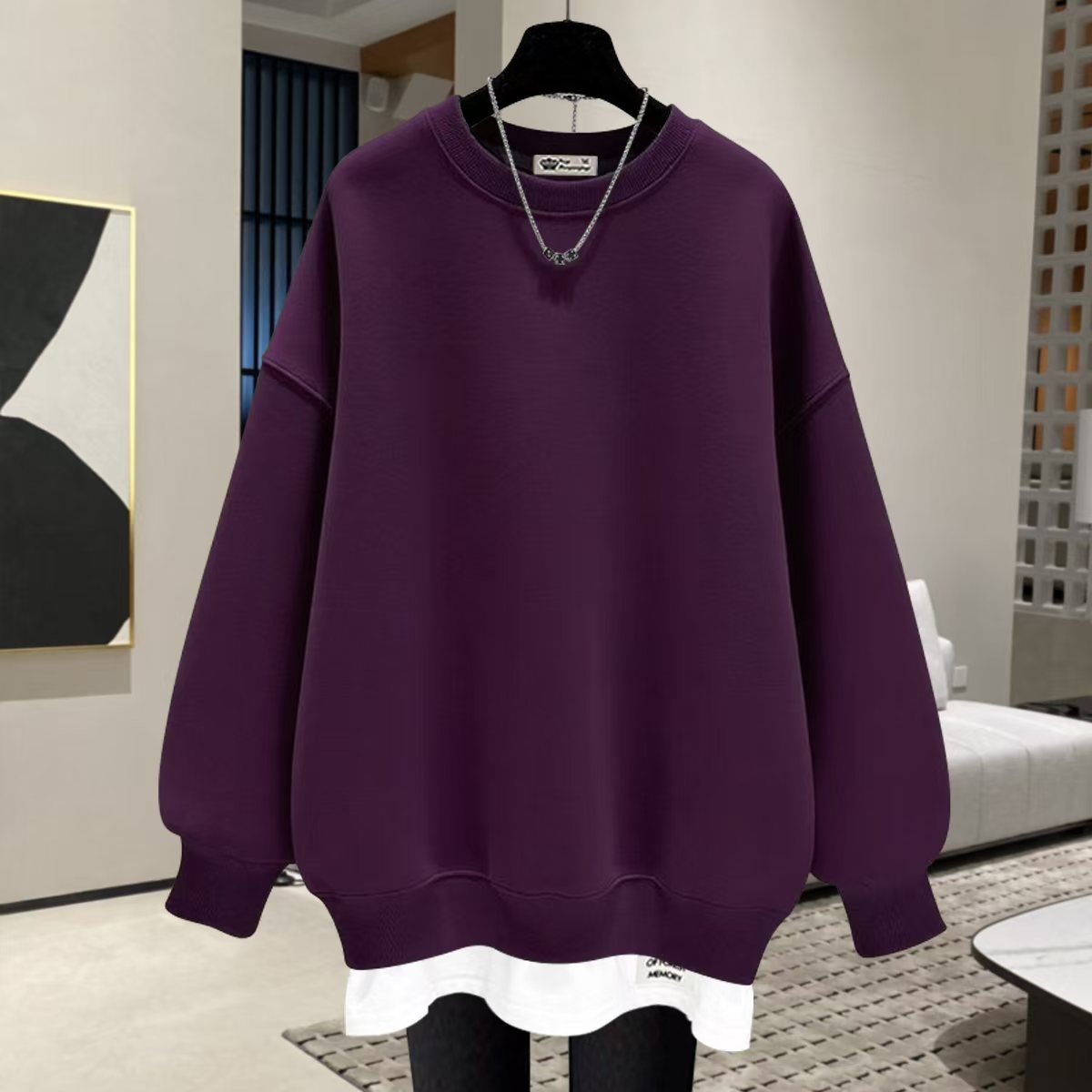 搭配鲨鱼裤酱紫色假两件卫衣女加绒2025新款纯色休闲风遮屁股上衣