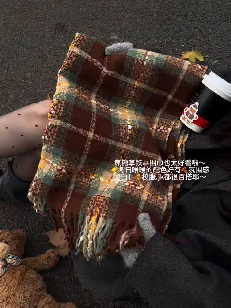 2025秋冬时尚森系学院风冬季保暖加厚双面百搭jk围巾经典显白格子
