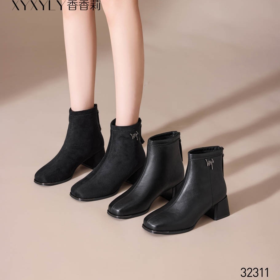 香香莉32311短靴女2025冬新款方头粗跟女靴加绒保暖百搭马丁靴鞋