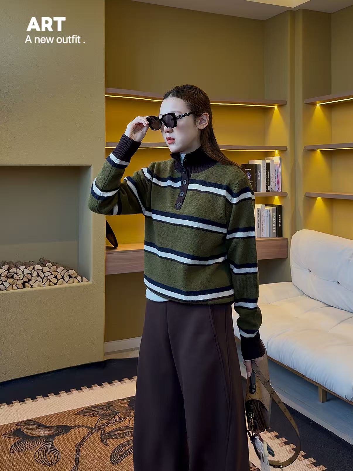 ART【森屿绿】羊毛不可机洗 半开领纽扣工艺 撞色条纹休闲针织衫