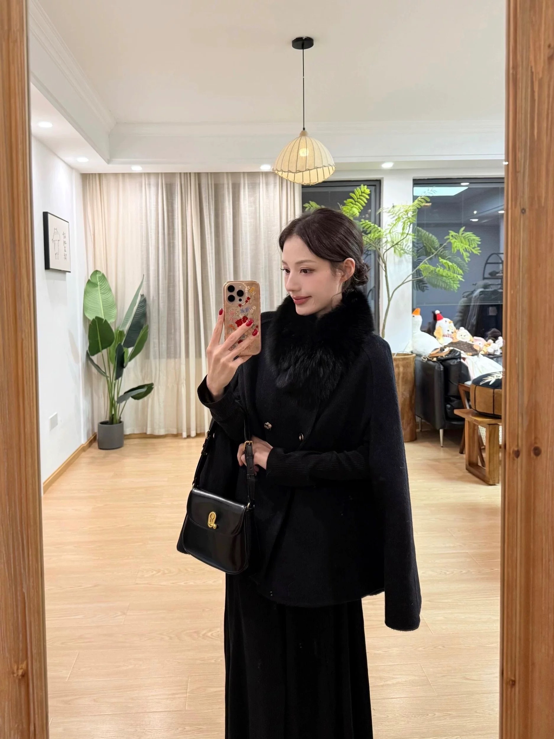 常规宽松型厚款秋冬外套呢大衣女装黑色两件套#9969