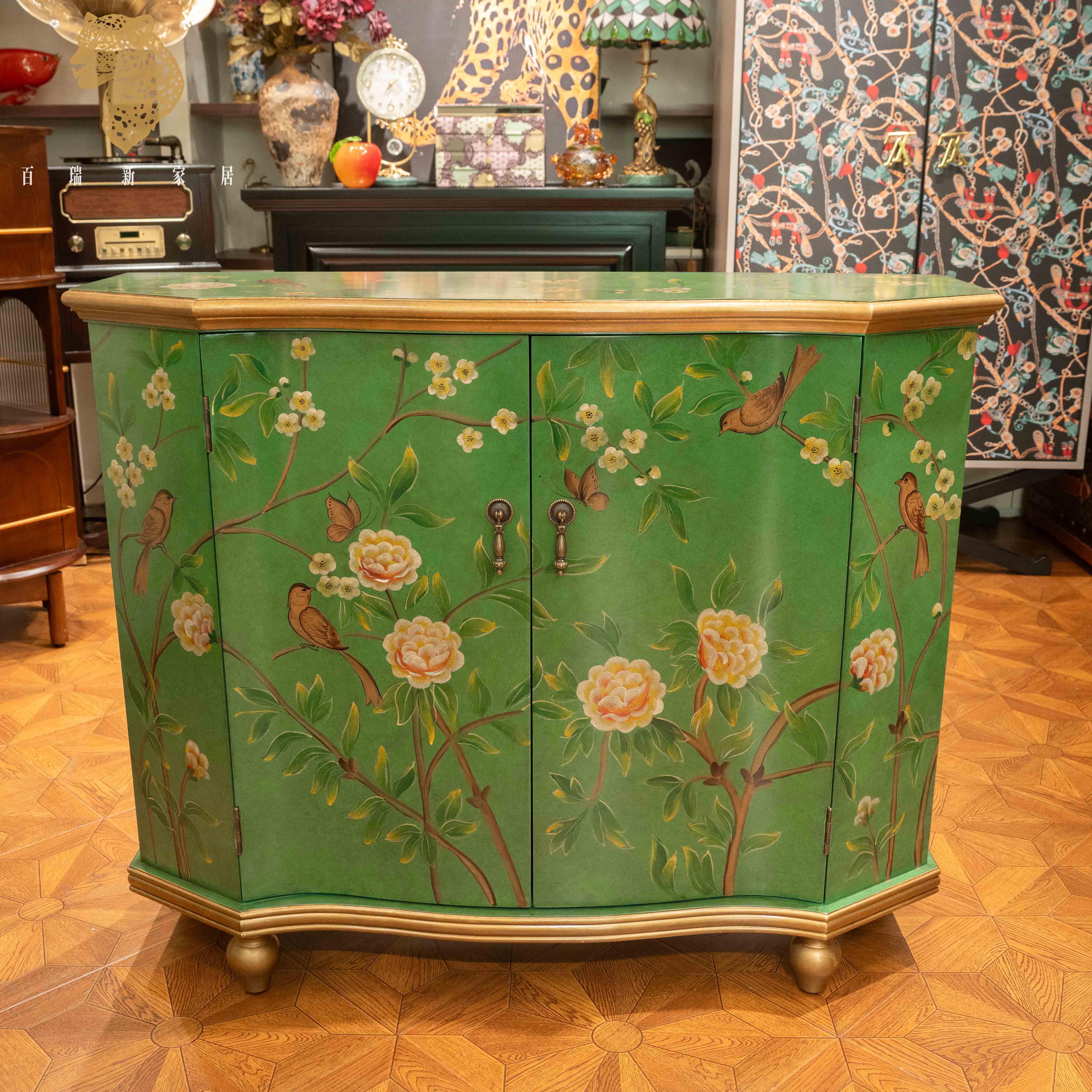 百瑞新美式祖母绿玄关柜入户门厅手绘鸟语花香斗柜-ZG-BRX1575