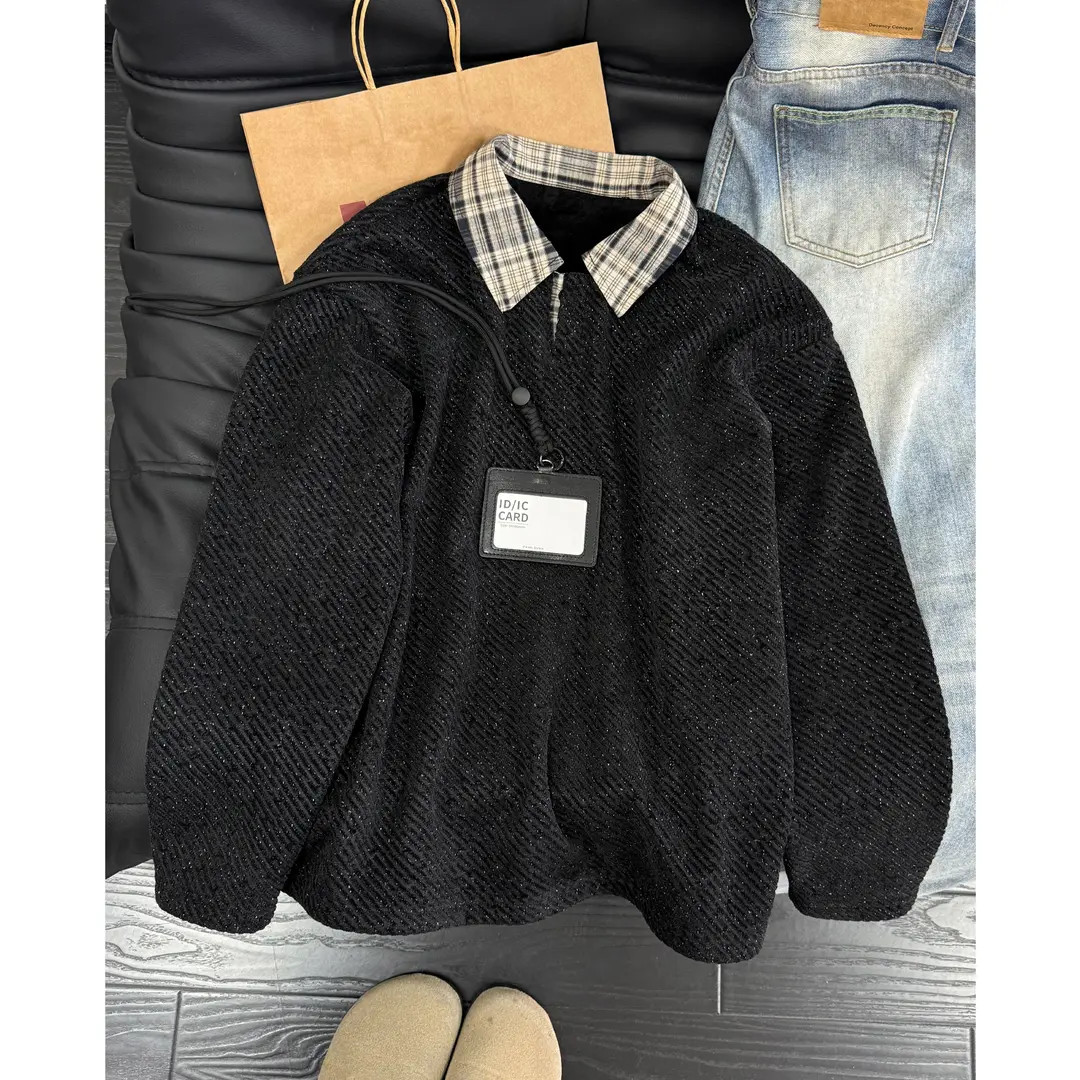 美式复古假两件拼接格纹领卫衣男秋冬加绒保暖高级感痞帅针织外套