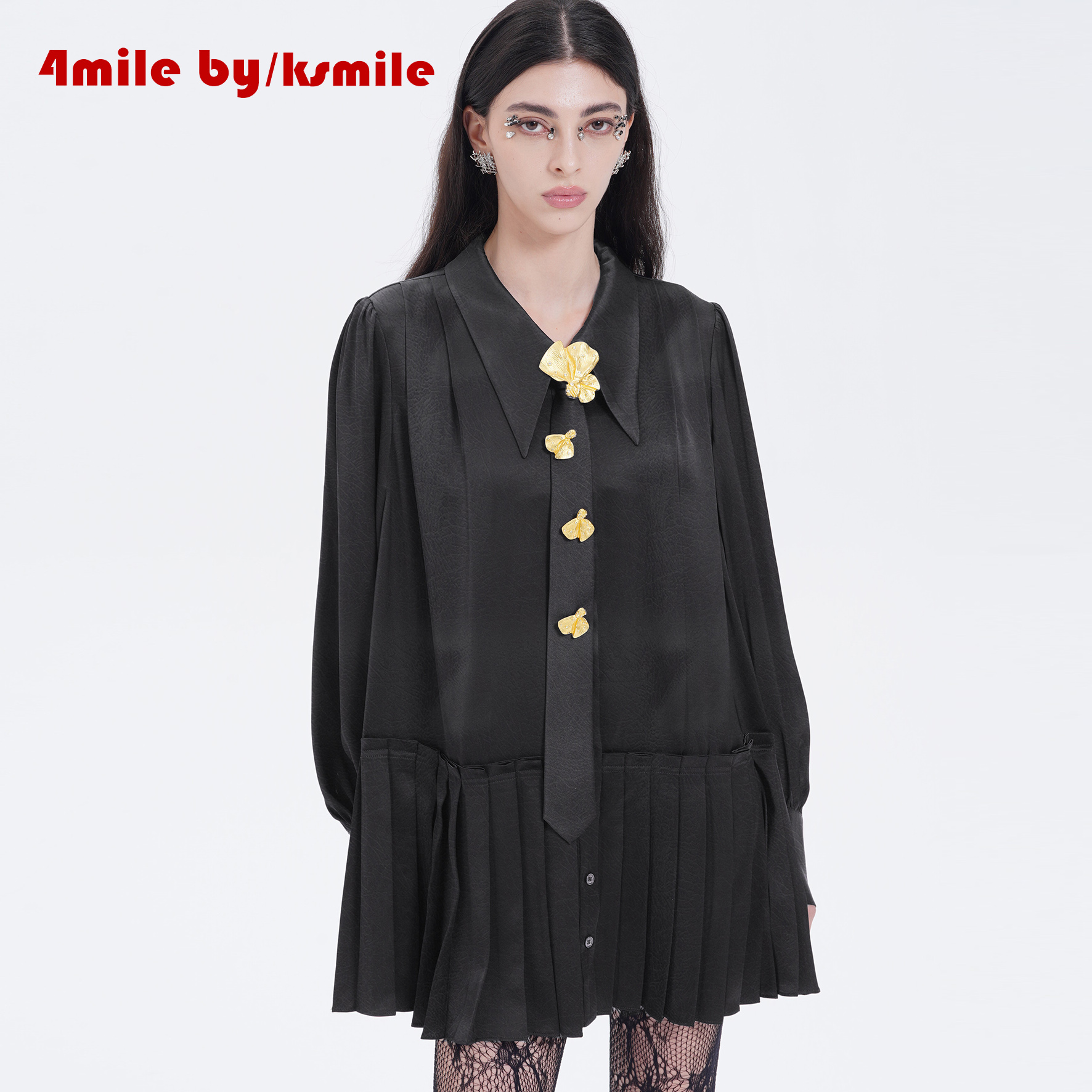 4MILE BY KSMILE | 鎏金时代醋酸领带百褶衬衫裙优雅泡泡袖连衣裙