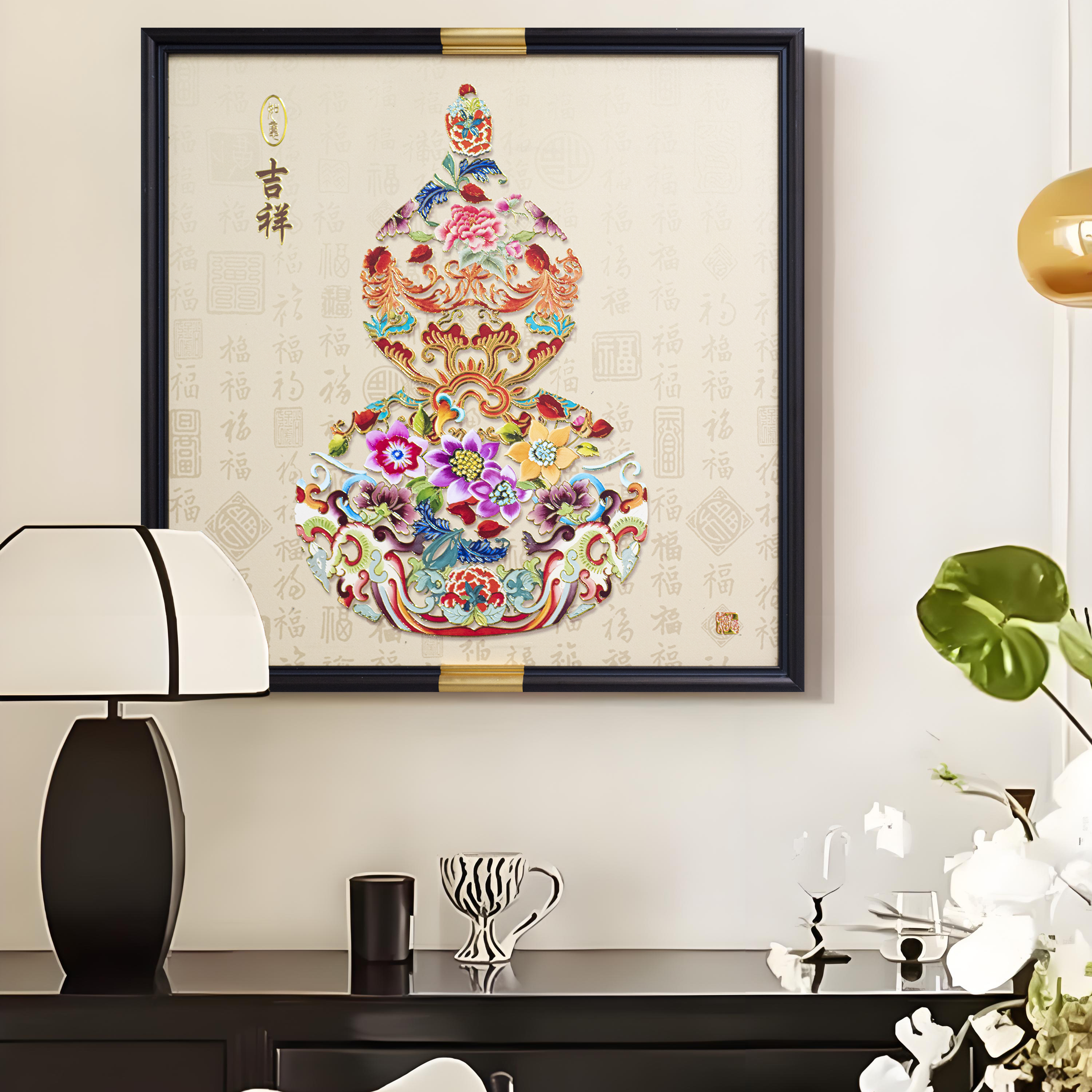 新中式福禄康宁葫芦皮革装饰画适用于客厅餐厅玄关葫芦6363