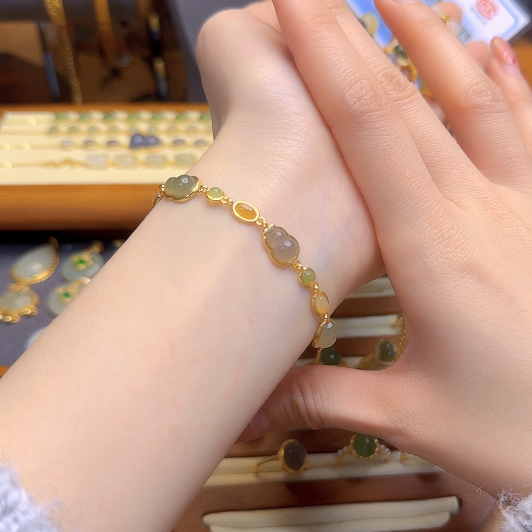 和田玉手链银S925镀金镶嵌