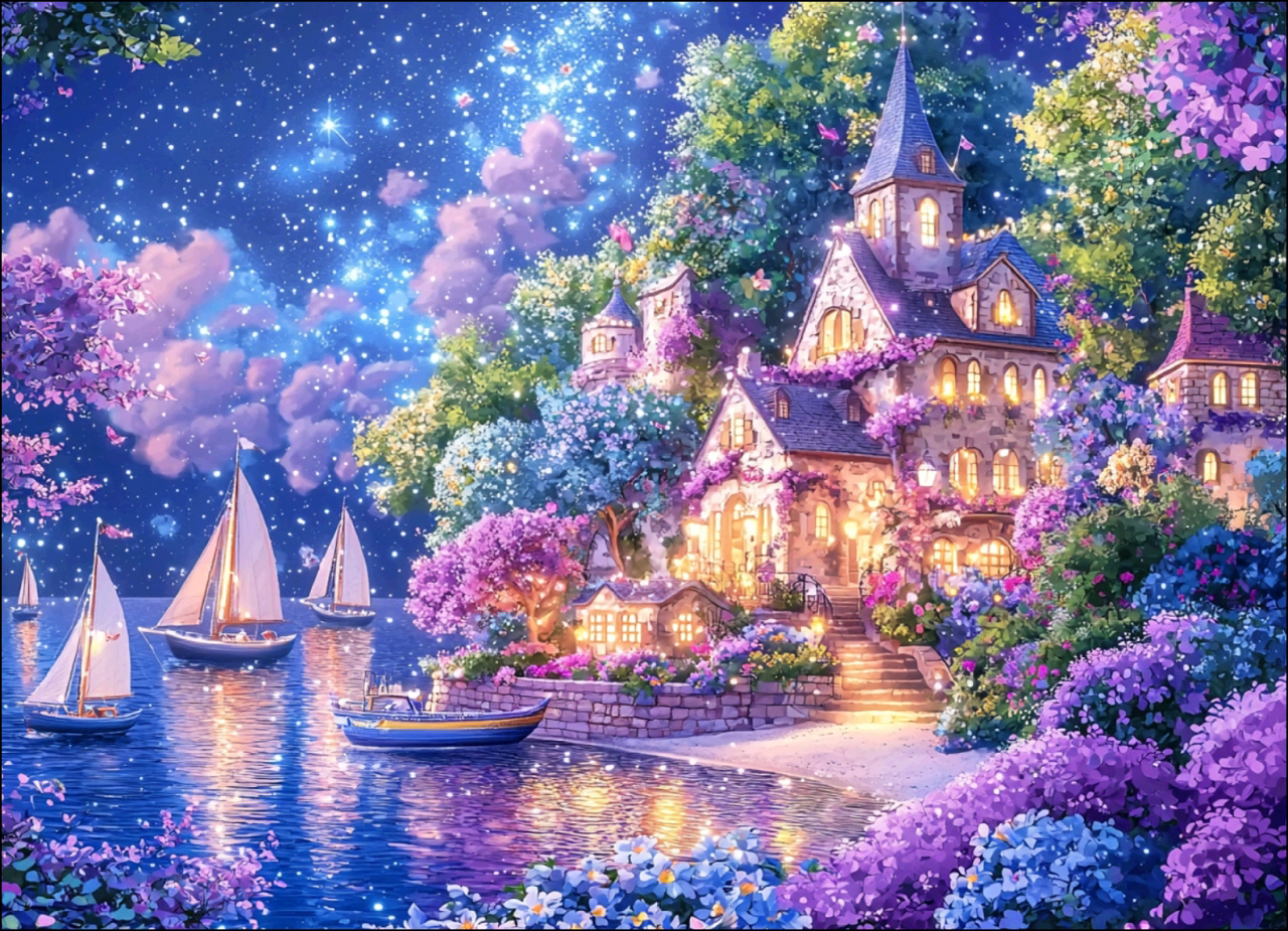 新疆长绒棉布，紫丁香港湾100*75大格十字绣（精准印花）