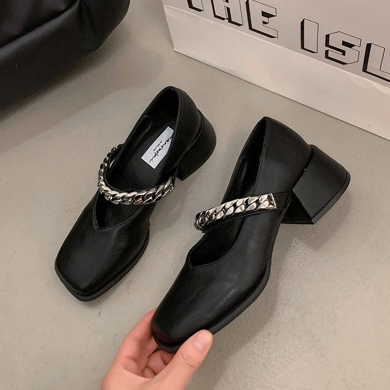2025年新款链条松紧带时尚百搭网红爆款软底方头粗跟玛丽珍女鞋