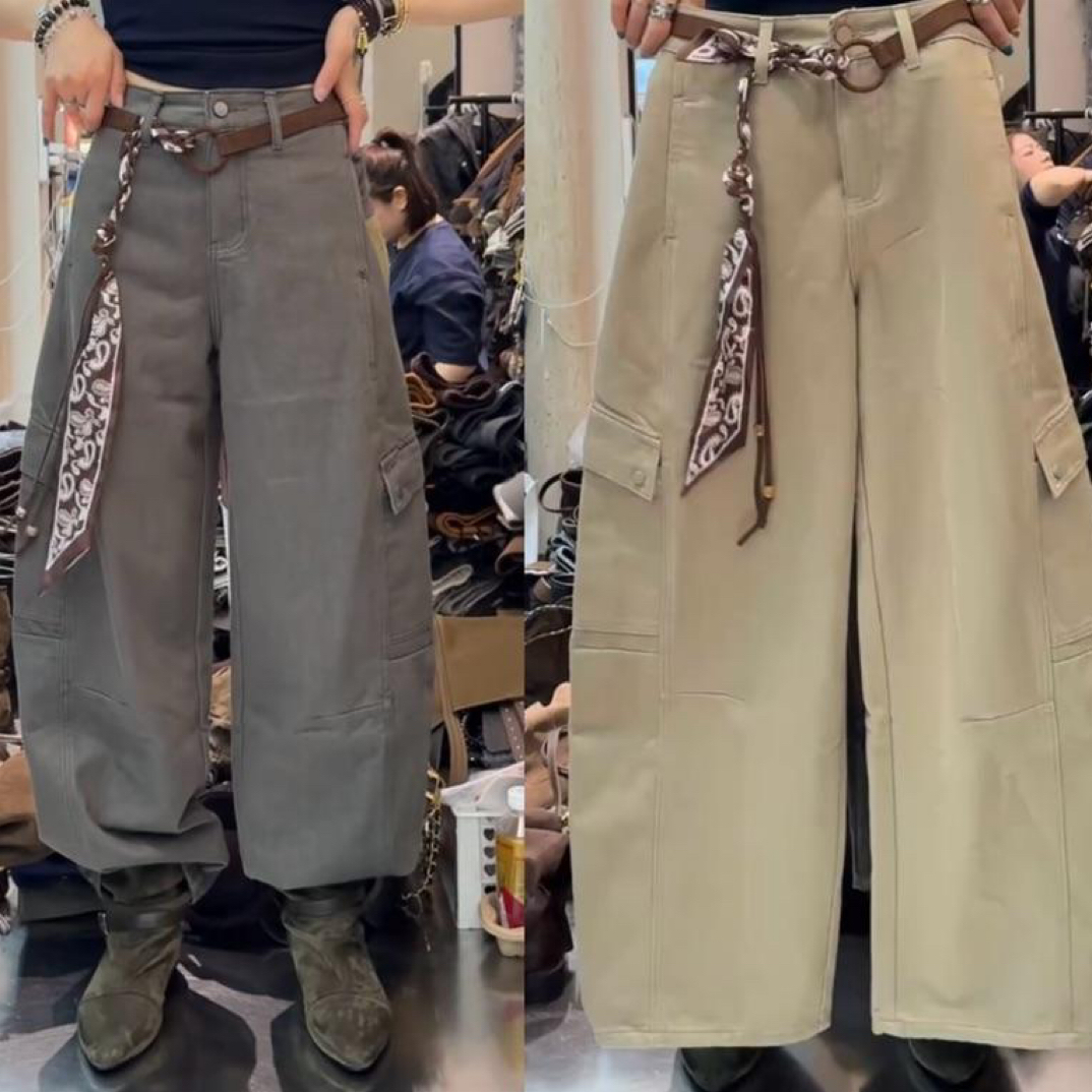 卡其色工装弯刀裤