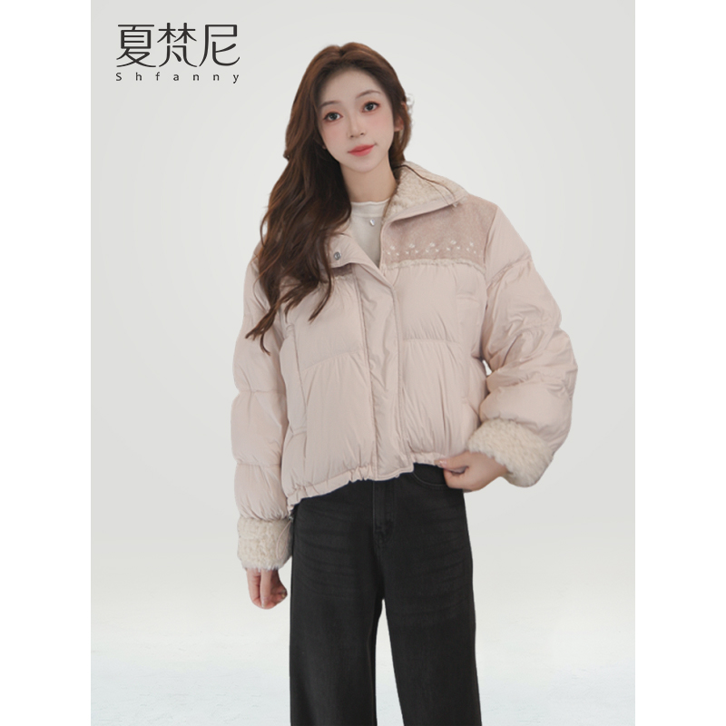 夏梵尼云间雪线2025年冬季新款韩版减龄绣花拼接羽绒服外套