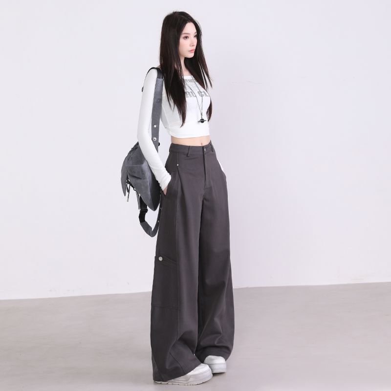 深灰宽松阔腿休闲工装裤女2025年秋季新款时尚百搭设计感弯刀裤子