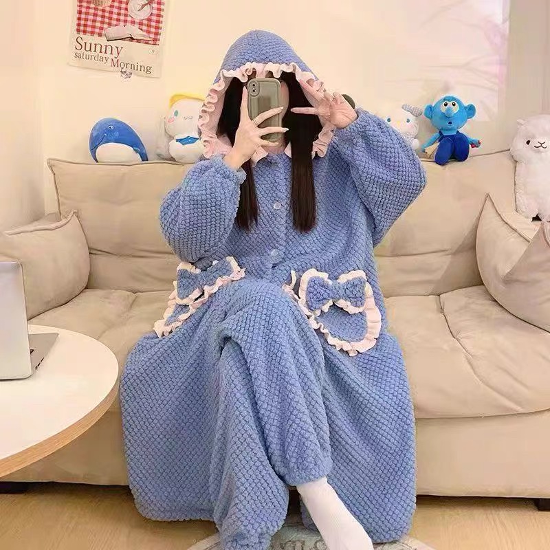 400-450连帽保暖V领长裤睡衣长款加绒毛绒冬天