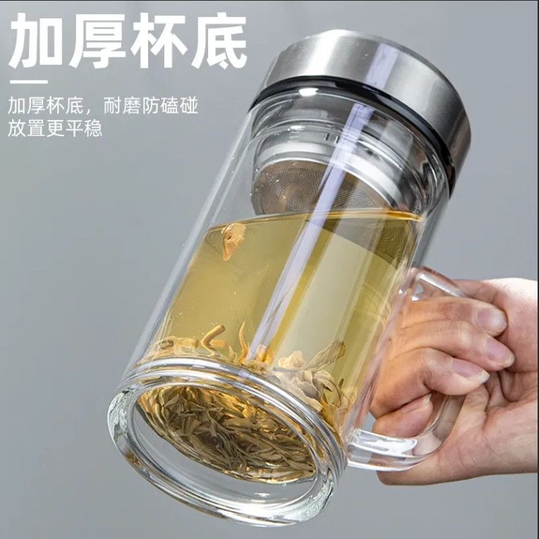 双层玻璃杯茶水分离杯喝水温度显示大容量手柄玻璃茶杯带把家用