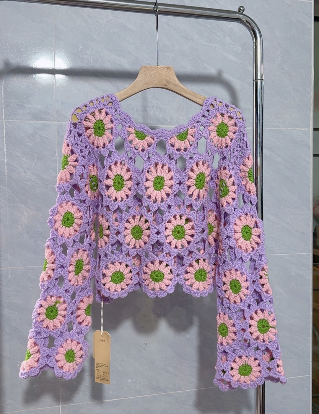 纯手工钩花羊毛线编织镂空花朵早秋新款针织衫长袖女短款上衣