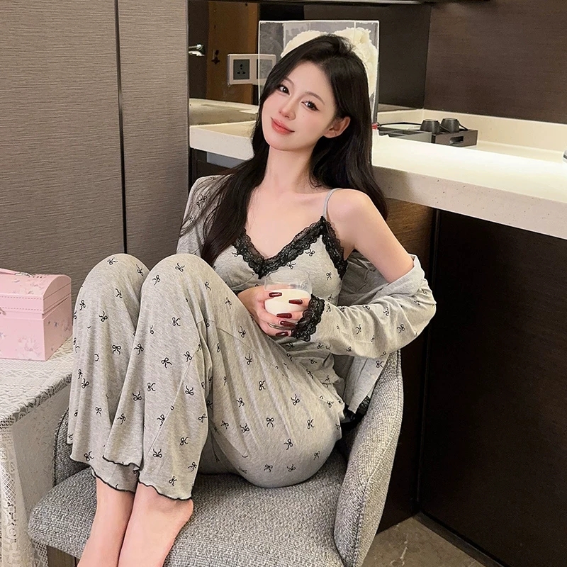莫代尔睡衣女春秋夏季2025新款带胸垫吊带长袖长裤家居服三件套装