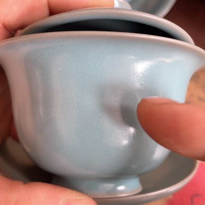 摆件天青釉 卷足元宝盖碗