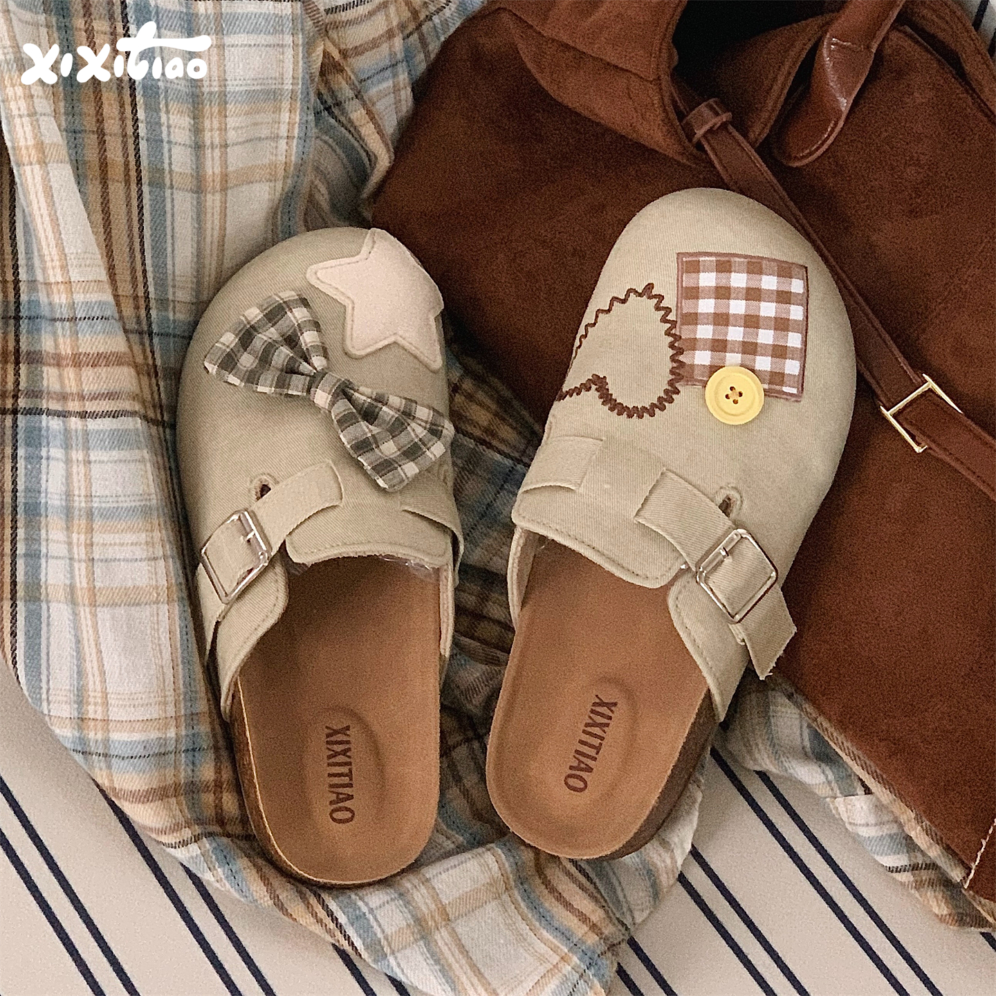 细细条 勃肯鞋女ins格子蝴蝶结秋冬懒人外穿防滑一脚蹬包头半拖鞋