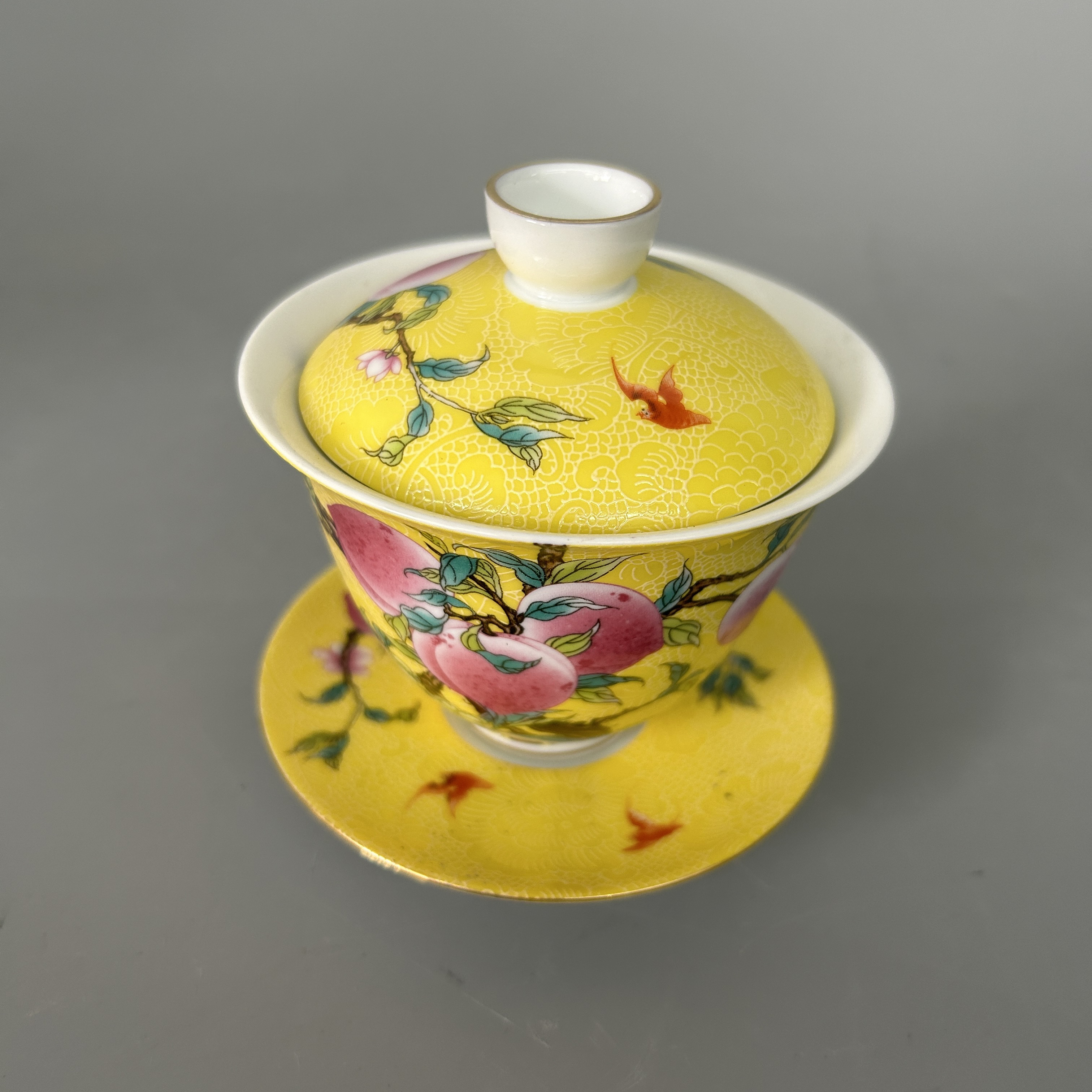 陶瓷 摆件 九桃五福三才盖碗