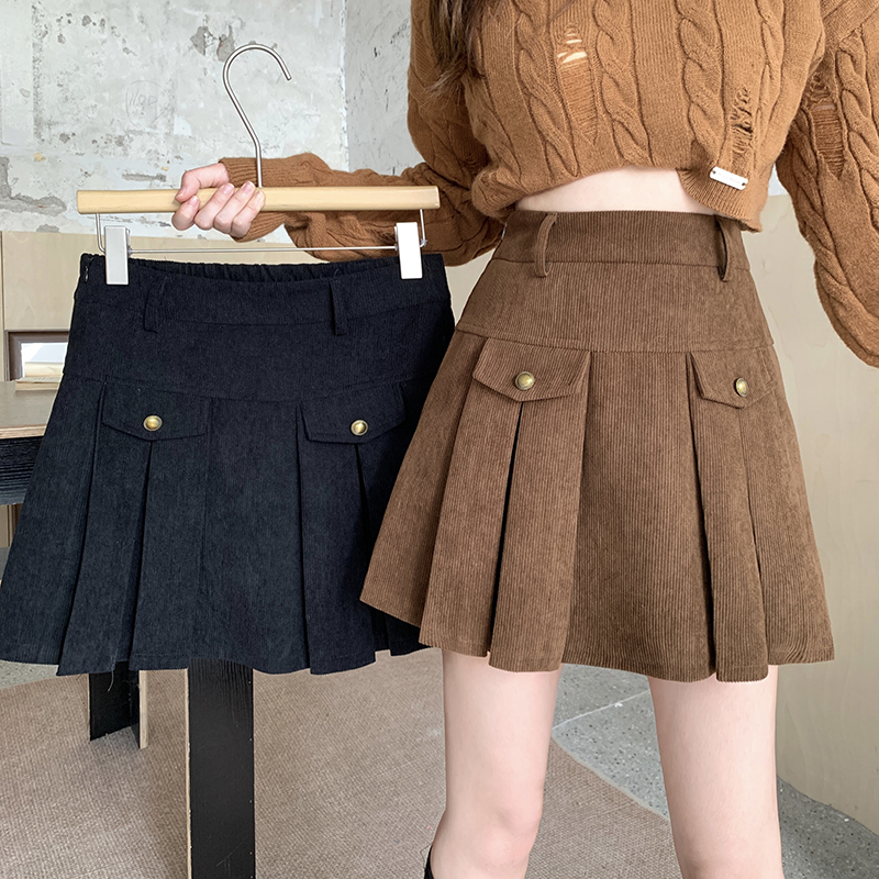 2025秋装新款胖mm百搭显瘦高腰褶皱A字半身裙辣妹加厚半身裙18320