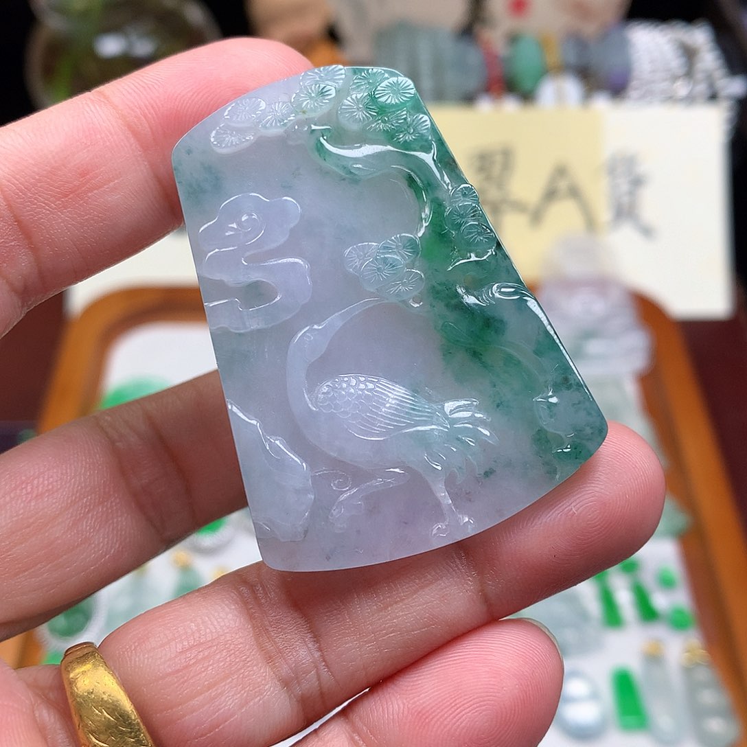 翡翠裸石缅甸天然A货翡翠冰种松鹤延年