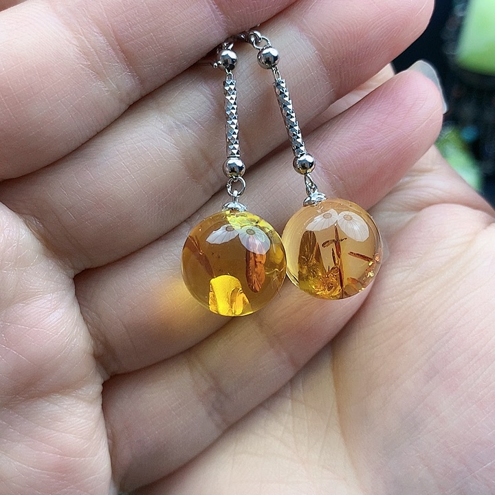 琥珀裸石银S925镶嵌耳坠