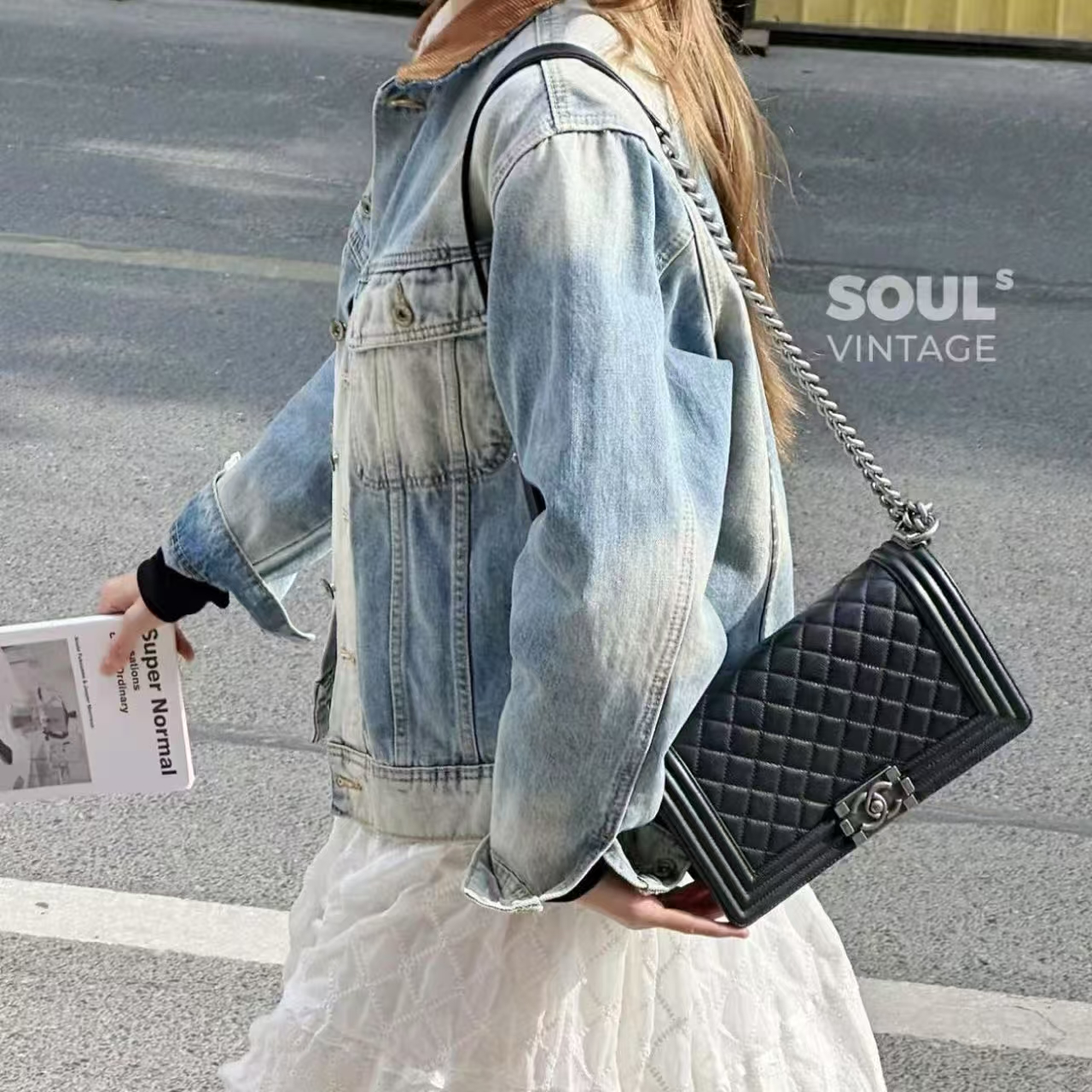 95新 Chanel/香奈儿 黑银 荔枝牛 经典leboy中号单肩包/670143993