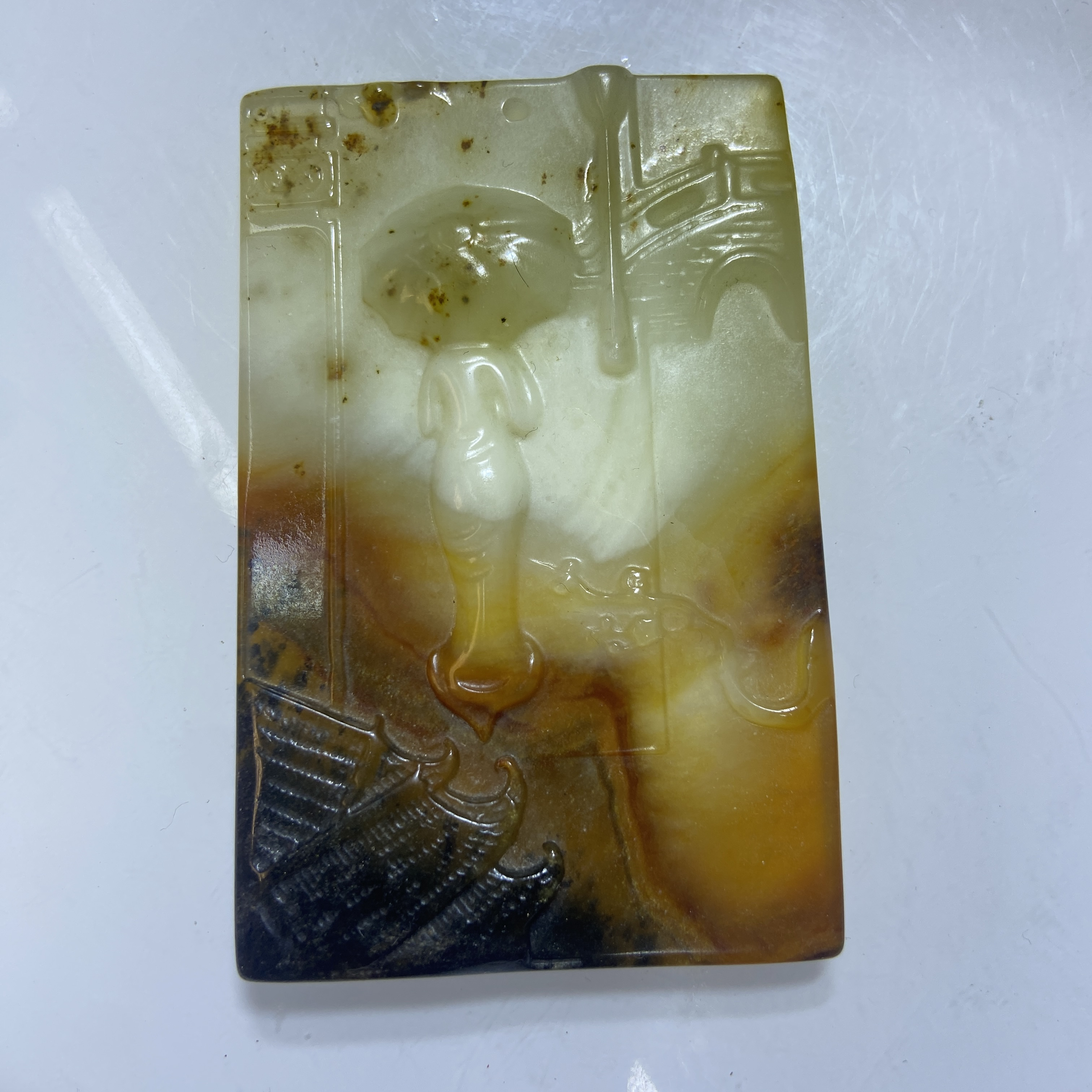 岫玉俏色巧雕花玉烟雨江南遇贵人牌子挂坠仿古手工精雕