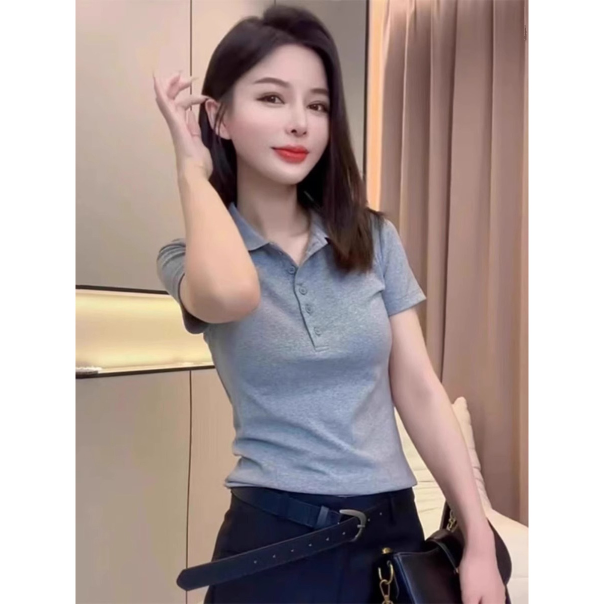 美式短袖修身显瘦Polo领T恤纯欲风性感辣妹小众百搭别致独特上衣