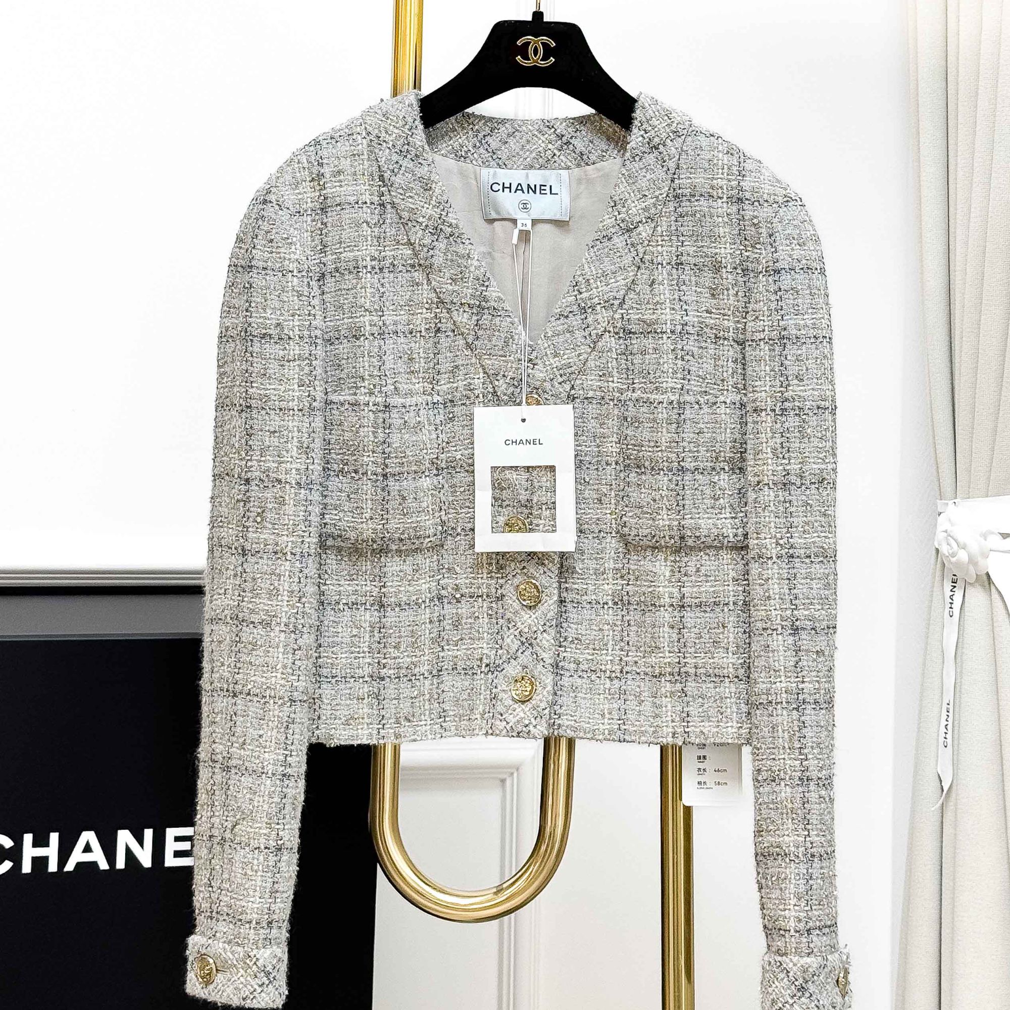 99新 Chanel/香奈儿 36码25B灰色混色格纹编织短款外套 