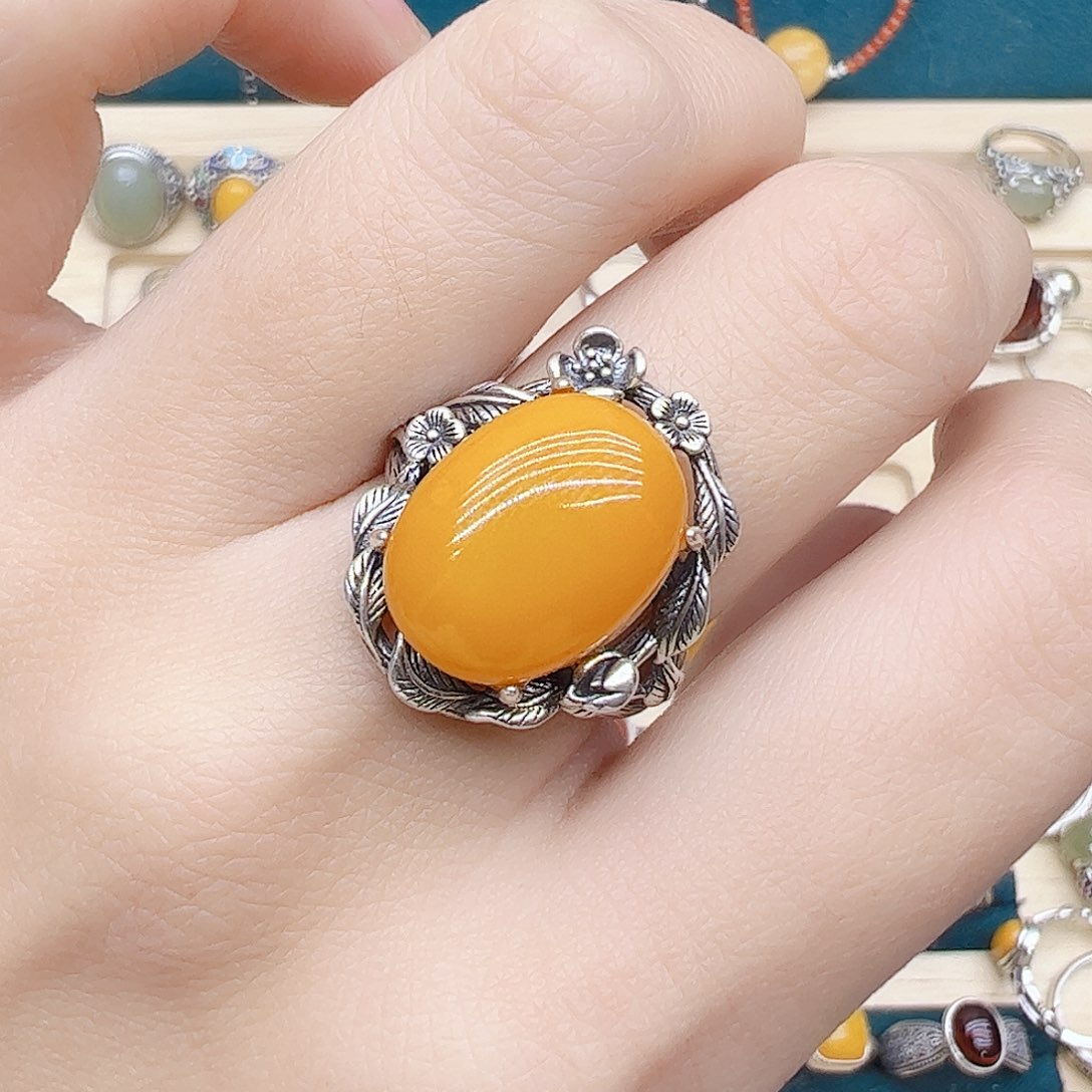 蜜蜡戒指银S925镶嵌天然