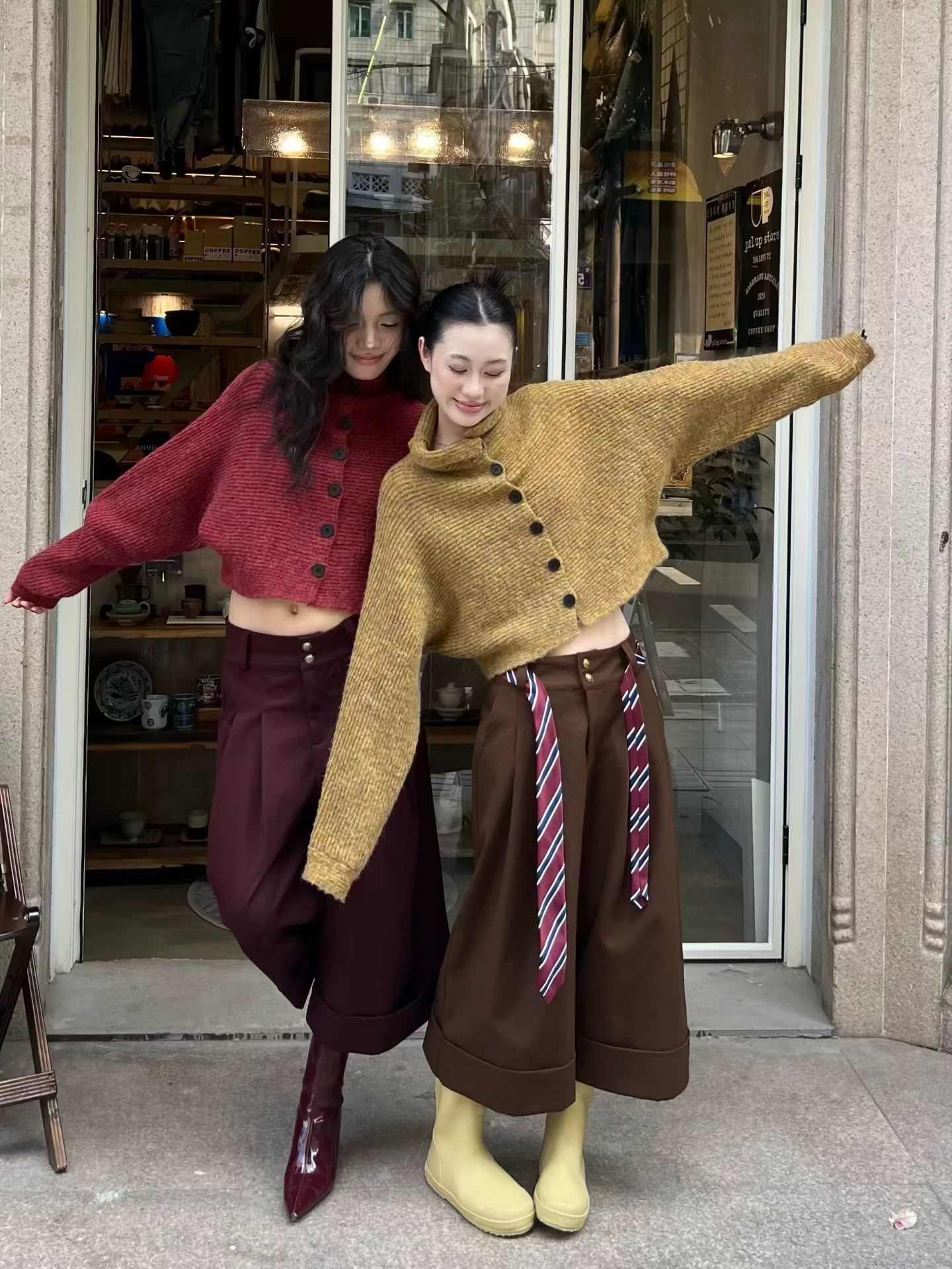 秋冬气质港风慵懒韩版毛衣高领宽松单排扣纯色短款马海毛针织开衫