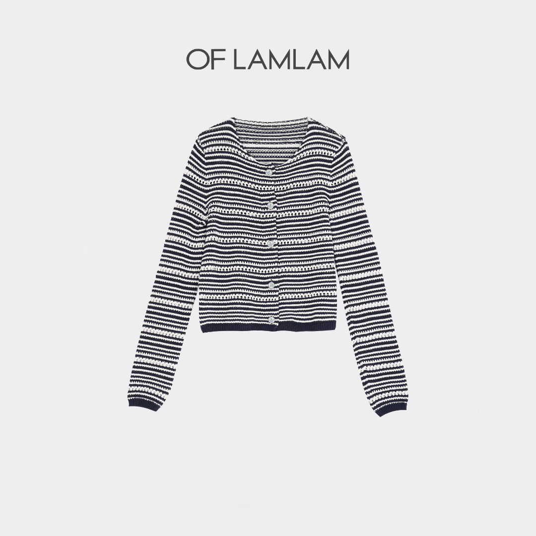 “小香贵奢”经典撞色藏青条纹纯棉法式针织开衫 OFLAMLAM L25809T