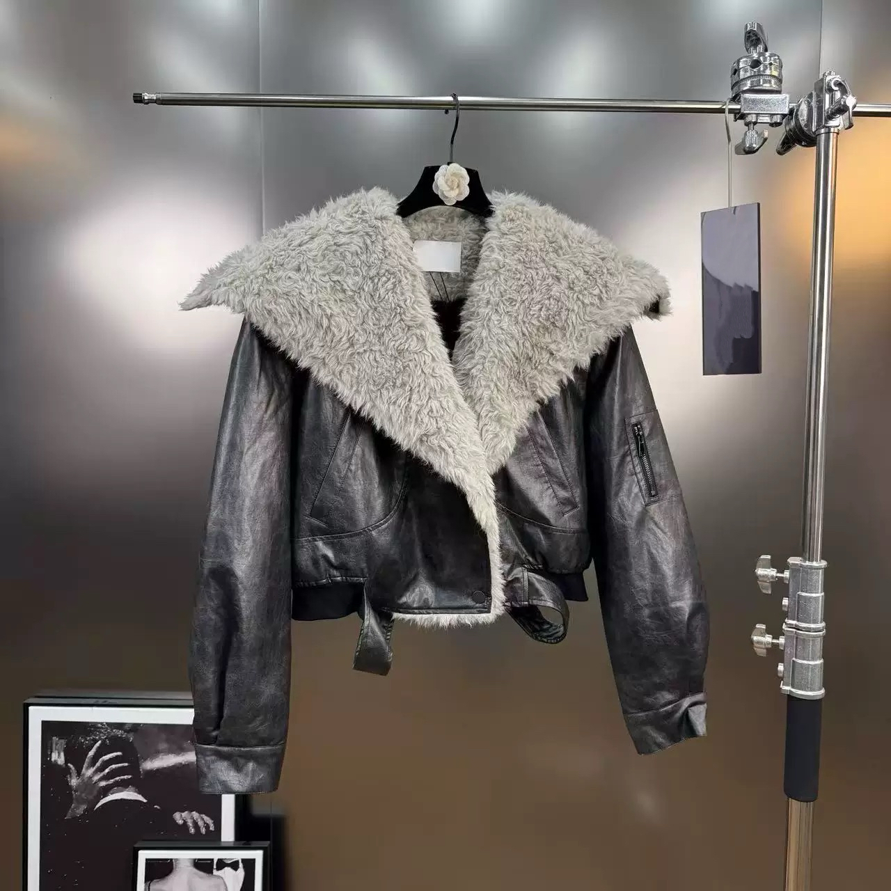 AL SHOP【阿尔贝斯】韩系时尚冬季新款保暖大翻领PU短外套