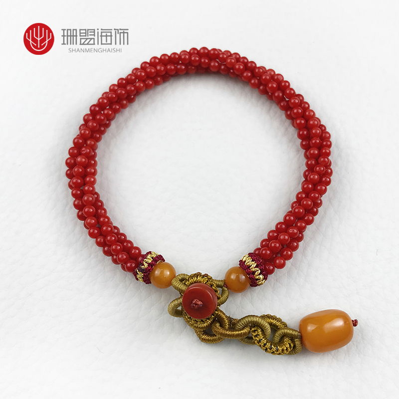 红珊瑚手链沙丁编织圆珠珊瑚套链天然宝石珊瑚项链