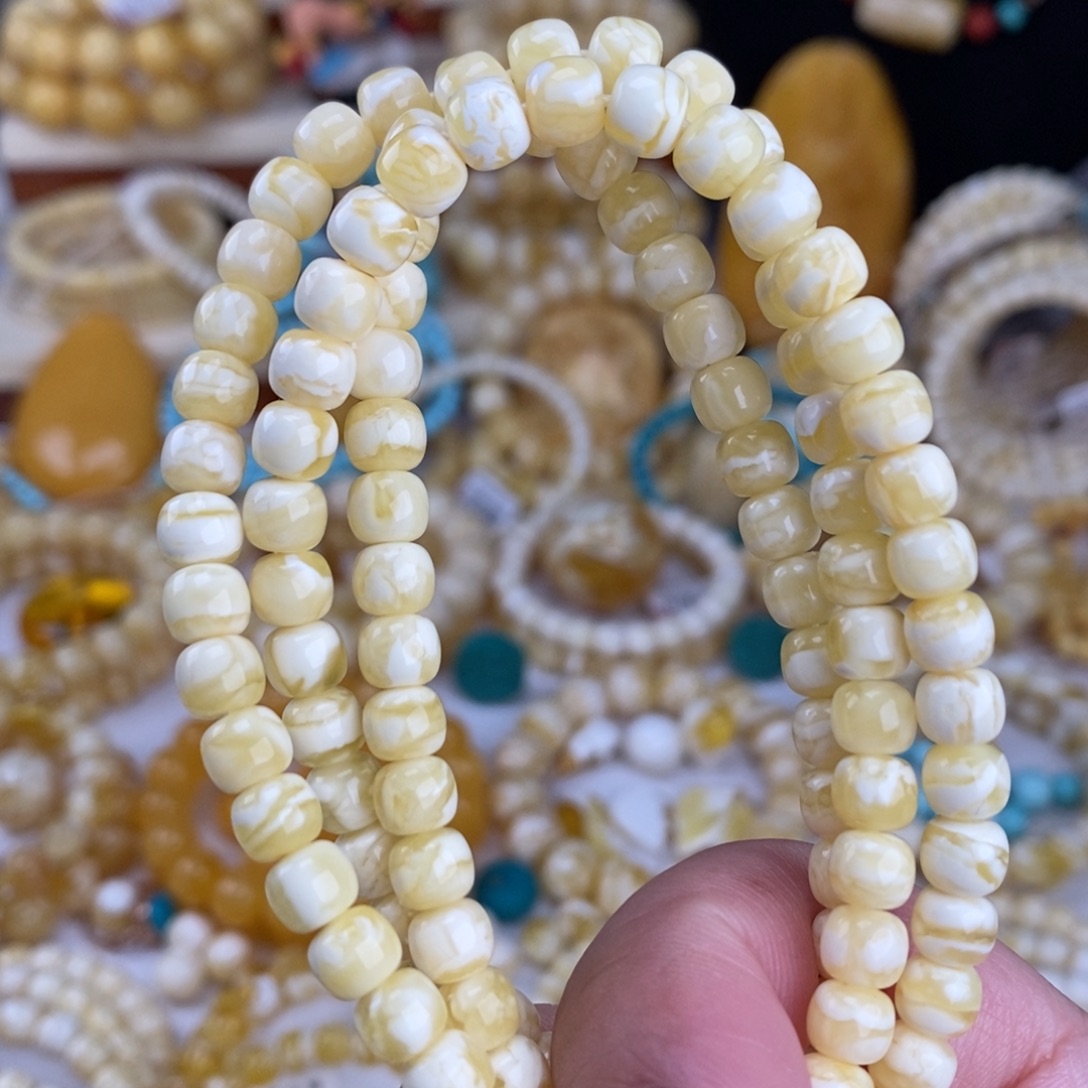 蜜蜡未镶嵌手链瓷白细纹虎皮6.5mm长串