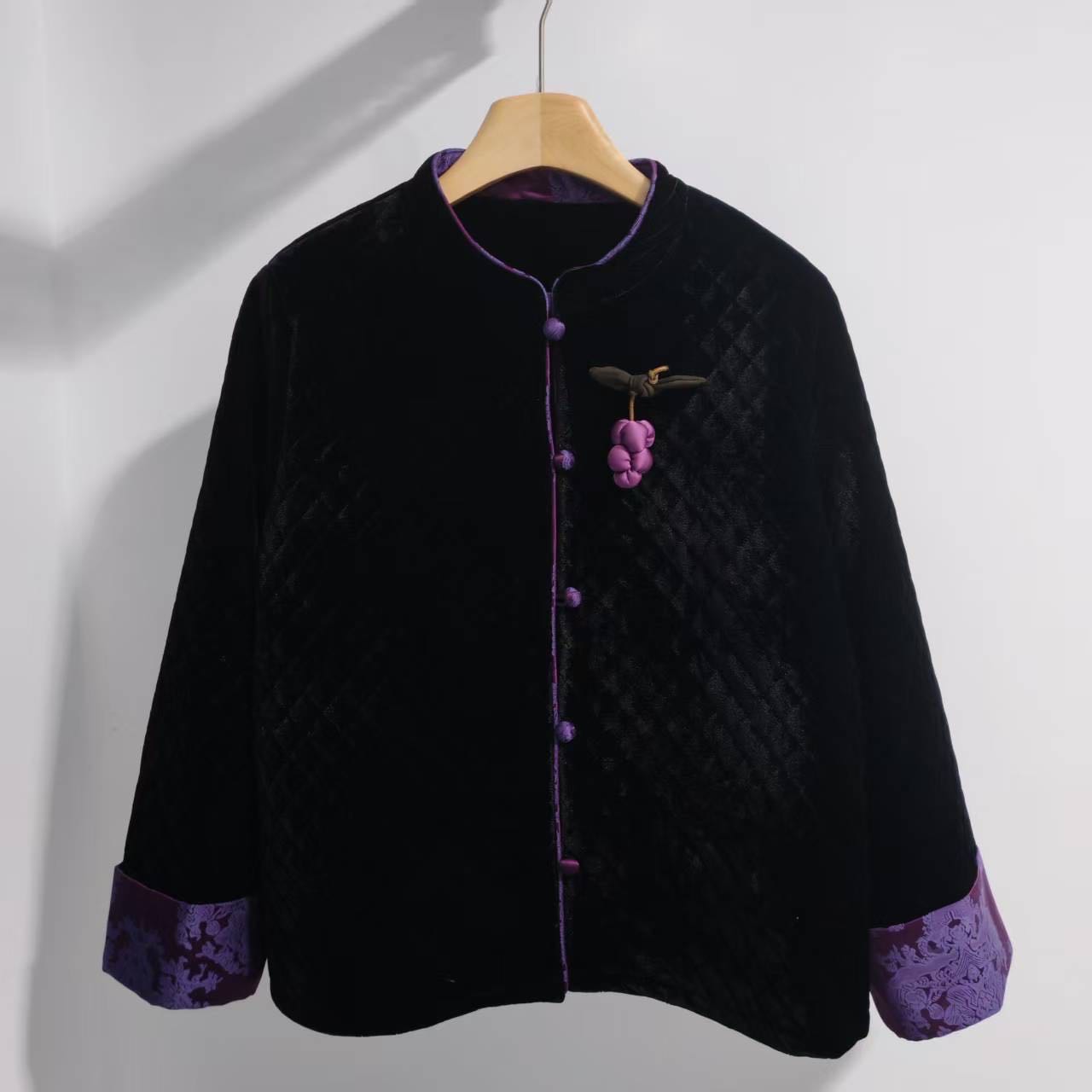 轻奢高级妈妈丝绒厚款外套中式国风撞色时尚单排扣气质上衣中老年