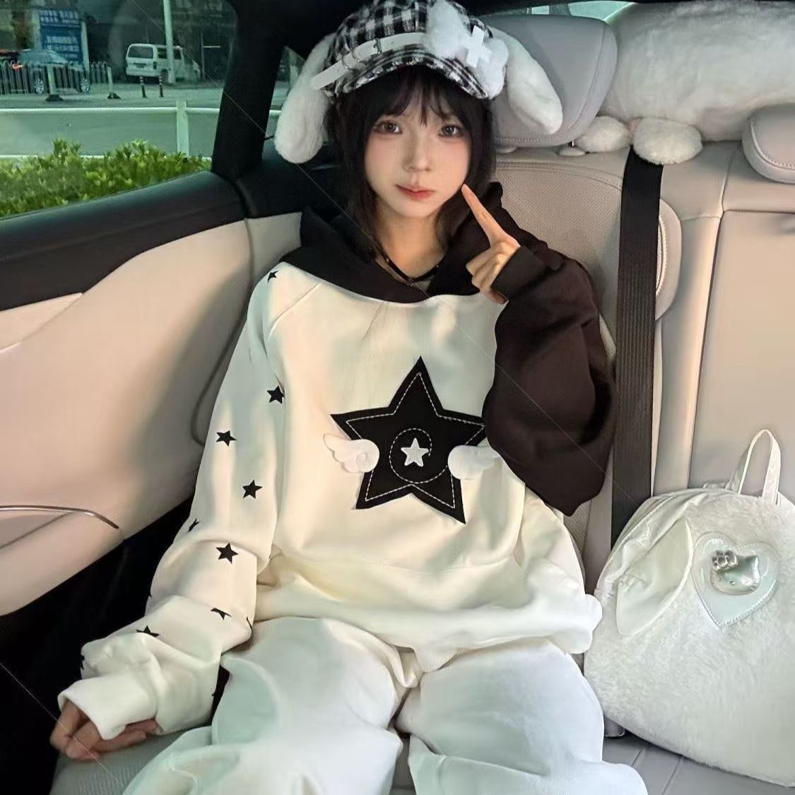 【辣妹】美式复古贴布绣星星小翅膀连帽卫衣女秋冬宽松拼色慵懒上衣