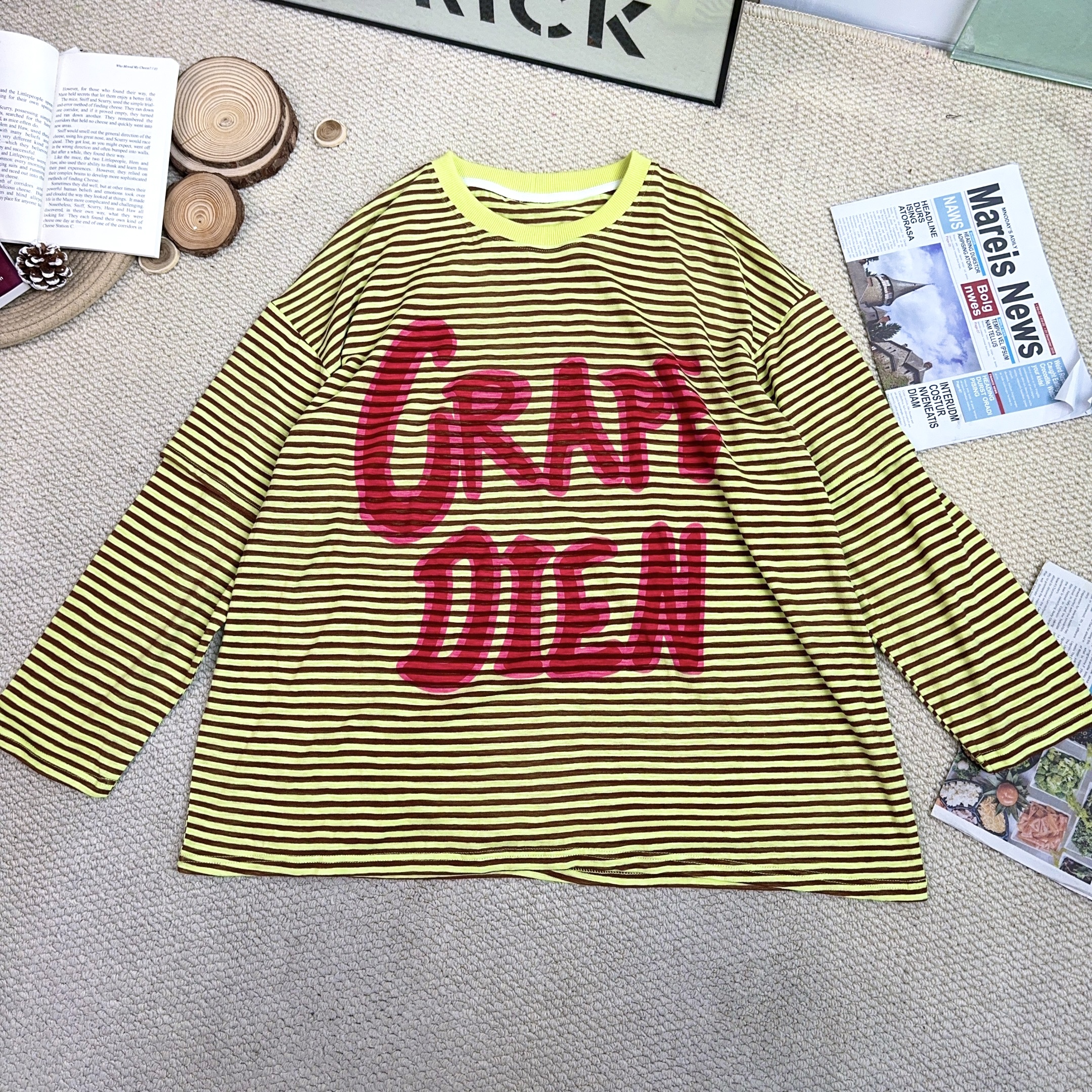 2025春季新款美式休闲字母印花条纹长袖T恤0639